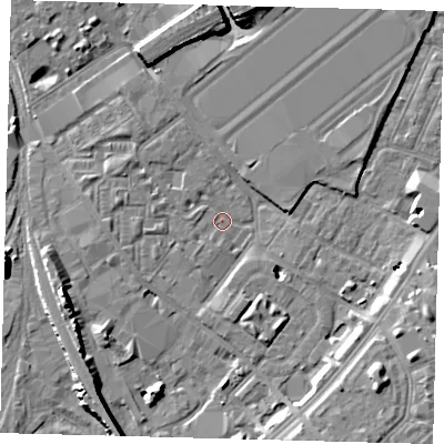 Shaded relief map of the ground around SW84JD, computed from Environment Agency LiDAR. The ground here sits at about 2 m above sea level and falls 11 m across the surrounding 800 m. Surface water reaching this point runs off ground lying to the west, 2.5 m higher.