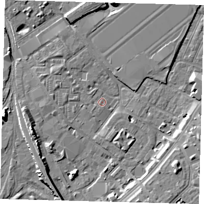 Shaded relief map of the ground around SW84JE, computed from Environment Agency LiDAR. The ground here sits at about 2 m above sea level and falls 11 m across the surrounding 800 m. Surface water reaching this point runs off ground lying to the west-north-west, 2.5 m higher.