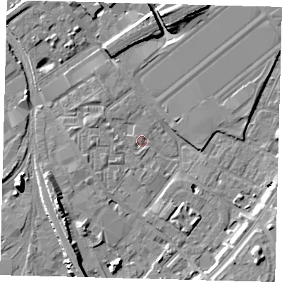 Shaded relief map of the ground around SW84JG, computed from Environment Agency LiDAR. The ground here sits at about 3 m above sea level and falls 11 m across the surrounding 800 m. Surface water reaching this point runs off ground lying to the west-north-west, 2.5 m higher.
