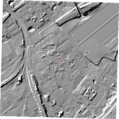 Shaded relief map of the ground around SW84JH, computed from Environment Agency LiDAR. The ground here sits at about 3 m above sea level and falls 14 m across the surrounding 800 m. Surface water reaching this point runs off ground lying to the north-west, 1.6 m higher.