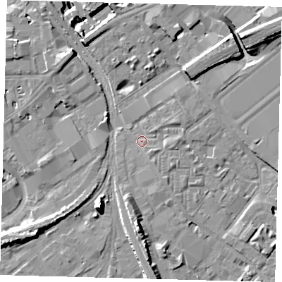 Shaded relief map of the ground around SW84JL, computed from Environment Agency LiDAR. The ground here sits at about 3 m above sea level and falls 15 m across the surrounding 800 m. Surface water reaching this point runs off ground lying to the east-north-east, 1.4 m higher.