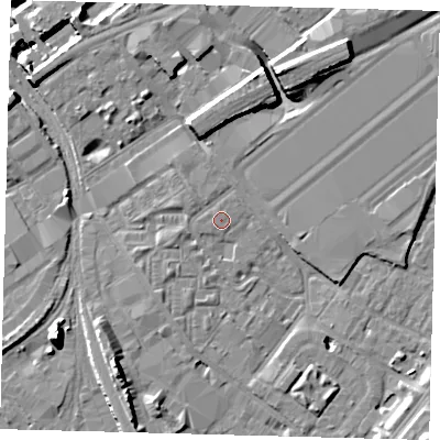 Shaded relief map of the ground around SW84JP, computed from Environment Agency LiDAR. The ground here sits at about 3 m above sea level and falls 15 m across the surrounding 800 m. The ground contributing surface water to this point lies to the west-north-west.