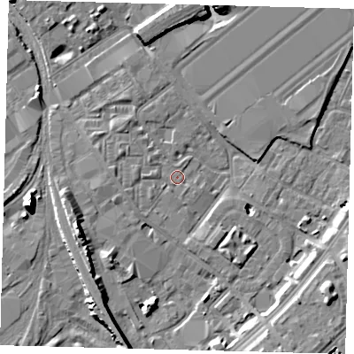 Shaded relief map of the ground around SW84JQ, computed from Environment Agency LiDAR. The ground here sits at about 3 m above sea level and falls 11 m across the surrounding 800 m. Surface water reaching this point runs off ground lying to the north-west, 2.5 m higher.