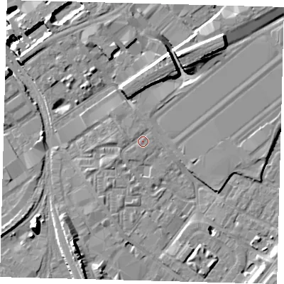 Shaded relief map of the ground around SW84JR, computed from Environment Agency LiDAR. The ground here sits at about 3 m above sea level and falls 15 m across the surrounding 800 m. Surface water reaching this point runs off ground lying to the west-north-west, 1.0 m higher.
