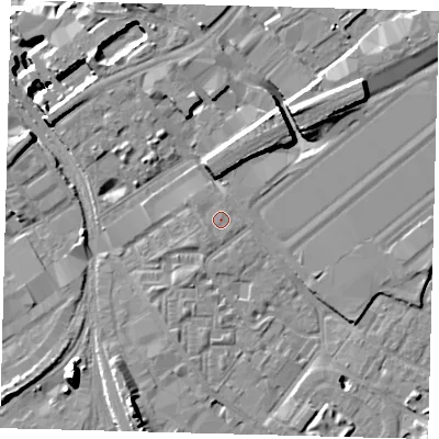 Shaded relief map of the ground around SW84JS, computed from Environment Agency LiDAR. The ground here sits at about 4 m above sea level and falls 15 m across the surrounding 800 m. Surface water reaching this point runs off ground lying to the south-west, 0.5 m higher.