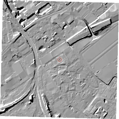 Shaded relief map of the ground around SW84JX, computed from Environment Agency LiDAR. The ground here sits at about 3 m above sea level and falls 15 m across the surrounding 800 m. Surface water reaching this point runs off ground lying to the south-east, 1.2 m higher.
