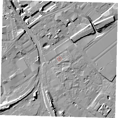 Shaded relief map of the ground around SW84JY, computed from Environment Agency LiDAR. The ground here sits at about 3 m above sea level and falls 15 m across the surrounding 800 m. Surface water reaching this point runs off ground lying to the east, 1.4 m higher.