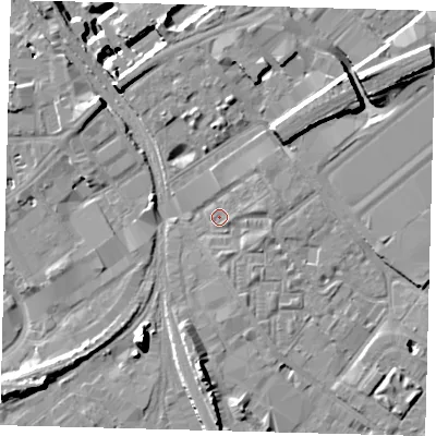 Shaded relief map of the ground around SW84JZ, computed from Environment Agency LiDAR. The ground here sits at about 3 m above sea level and falls 15 m across the surrounding 800 m. Surface water reaching this point runs off ground lying to the east, 1.6 m higher.