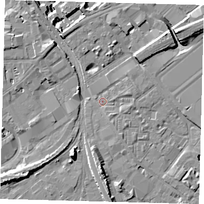 Shaded relief map of the ground around SW84LA, computed from Environment Agency LiDAR. The ground here sits at about 3 m above sea level and falls 15 m across the surrounding 800 m. Surface water reaching this point runs off ground lying to the south, 6.9 m higher.