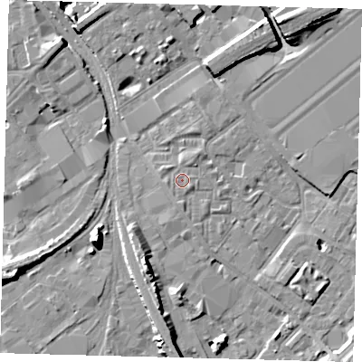 Shaded relief map of the ground around SW84LB, computed from Environment Agency LiDAR. The ground here sits at about 3 m above sea level and falls 14 m across the surrounding 800 m. Surface water reaching this point runs off ground lying to the east-south-east, 0.8 m higher.