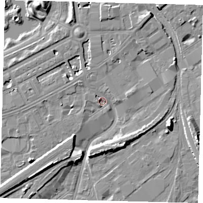 Shaded relief map of the ground around SW84LN, computed from Environment Agency LiDAR. The ground here sits at about 2 m above sea level and falls 10 m across the surrounding 800 m. Surface water reaching this point runs off ground lying to the north-north-west, 4.3 m higher.