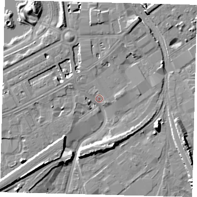 Shaded relief map of the ground around SW84LP, computed from Environment Agency LiDAR. The ground here sits at about 3 m above sea level and falls 10 m across the surrounding 800 m. Surface water reaching this point runs off ground lying to the north-north-west, 4.3 m higher.