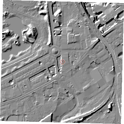 Shaded relief map of the ground around SW84NE, computed from Environment Agency LiDAR. The ground here sits at about 5 m above sea level and falls 15 m across the surrounding 800 m. Surface water reaching this point runs off ground lying to the north-north-west, 4.3 m higher.
