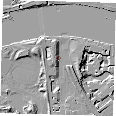 Shaded relief map of the ground around SW84PB, computed from Environment Agency LiDAR. The ground here sits at about 5 m above sea level and falls 19 m across the surrounding 800 m. Surface water reaching this point runs off ground lying to the west-north-west, 7.1 m higher.