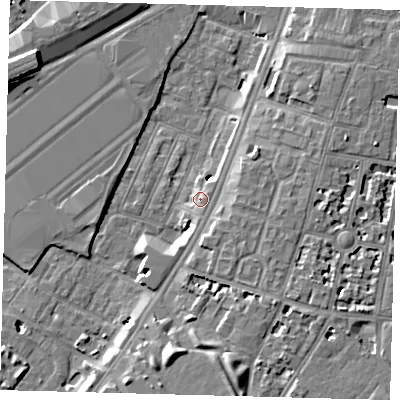 Shaded relief map of the ground around SW84RA, computed from Environment Agency LiDAR. The ground here sits at about 4 m above sea level and falls 9 m across the surrounding 800 m. Surface water reaching this point runs off ground lying to the south-south-west, 3.5 m higher.