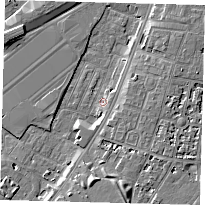 Shaded relief map of the ground around SW84RB, computed from Environment Agency LiDAR. The ground here sits at about 2 m above sea level and falls 9 m across the surrounding 800 m. Surface water reaching this point runs off ground lying to the south-south-east, 8.6 m higher.