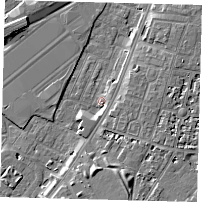 Shaded relief map of the ground around SW84RD, computed from Environment Agency LiDAR. The ground here sits at about 3 m above sea level and falls 9 m across the surrounding 800 m. Surface water reaching this point runs off ground lying to the south, 3.5 m higher.