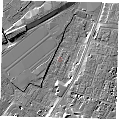 Shaded relief map of the ground around SW84RJ, computed from Environment Agency LiDAR. The ground here sits at about 2 m above sea level and falls 9 m across the surrounding 800 m. Surface water reaching this point runs off ground lying to the north-east, 1.3 m higher.