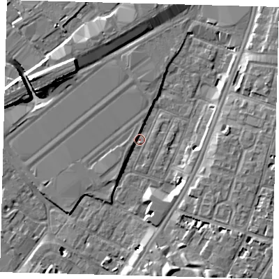 Shaded relief map of the ground around SW84RL, computed from Environment Agency LiDAR. The ground here sits at about 2 m above sea level and falls 9 m across the surrounding 800 m. Surface water reaching this point runs off ground lying to the south-south-east, 8.8 m higher.