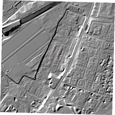 Shaded relief map of the ground around SW84RP, computed from Environment Agency LiDAR. The ground here sits at about 2 m above sea level and falls 9 m across the surrounding 800 m. Surface water reaching this point runs off ground lying to the south-south-east, 8.8 m higher.