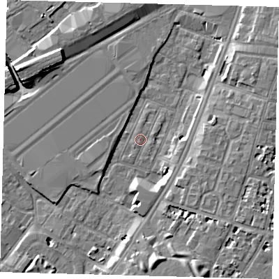 Shaded relief map of the ground around SW84RR, computed from Environment Agency LiDAR. The ground here sits at about 2 m above sea level and falls 9 m across the surrounding 800 m. Surface water reaching this point runs off ground lying to the south-south-east, 8.8 m higher.