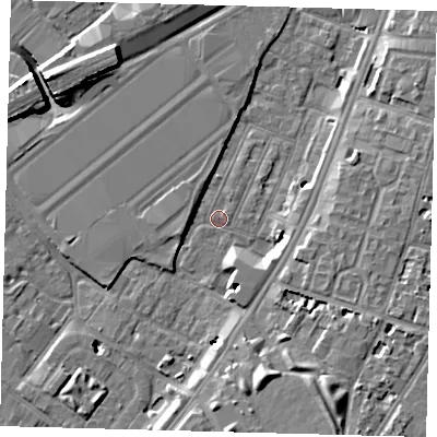 Shaded relief map of the ground around SW84RS, computed from Environment Agency LiDAR. The ground here sits at about 2 m above sea level and falls 9 m across the surrounding 800 m. Surface water reaching this point runs off ground lying to the north-north-east, 0.7 m higher.
