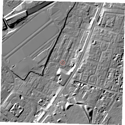 Shaded relief map of the ground around SW84RT, computed from Environment Agency LiDAR. The ground here sits at about 2 m above sea level and falls 9 m across the surrounding 800 m. Surface water reaching this point runs off ground lying to the south-south-east, 8.6 m higher.