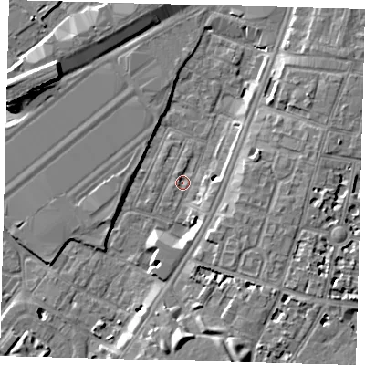 Shaded relief map of the ground around SW84RU, computed from Environment Agency LiDAR. The ground here sits at about 2 m above sea level and falls 9 m across the surrounding 800 m. Surface water reaching this point runs off ground lying to the south-south-east, 8.8 m higher.