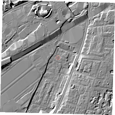 Shaded relief map of the ground around SW84SA, computed from Environment Agency LiDAR. The ground here sits at about 2 m above sea level and falls 52 m across the surrounding 800 m. Surface water reaching this point runs off ground lying to the east, 1.2 m higher.
