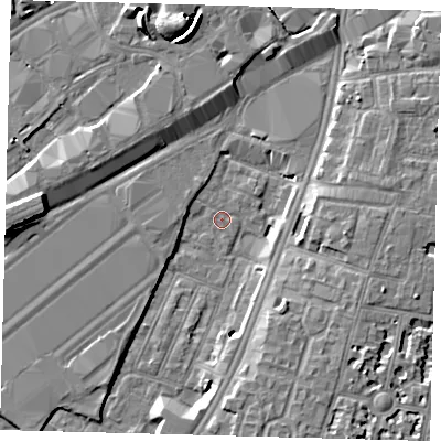 Shaded relief map of the ground around SW84SE, computed from Environment Agency LiDAR. The ground here sits at about 2 m above sea level and falls 15 m across the surrounding 800 m. Surface water reaching this point runs off ground lying to the north, 8.0 m higher.