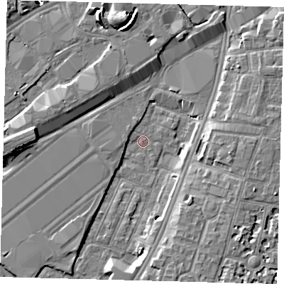 Shaded relief map of the ground around SW84SF, computed from Environment Agency LiDAR. The ground here sits at about 2 m above sea level and falls 52 m across the surrounding 800 m. Surface water reaching this point runs off ground lying to the north, 8.0 m higher.