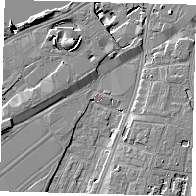 Shaded relief map of the ground around SW84SH, computed from Environment Agency LiDAR. The ground here sits at about 2 m above sea level and falls 52 m across the surrounding 800 m. Surface water reaching this point runs off ground lying to the north-north-west, 8.0 m higher.