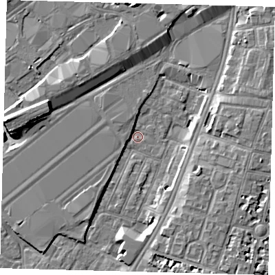 Shaded relief map of the ground around SW84SL, computed from Environment Agency LiDAR. The ground here sits at about 2 m above sea level and falls 9 m across the surrounding 800 m. Surface water reaching this point runs off ground lying to the south-south-west, 2.7 m higher.