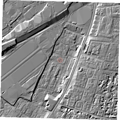 Shaded relief map of the ground around SW84SN, computed from Environment Agency LiDAR. The ground here sits at about 2 m above sea level and falls 8 m across the surrounding 800 m. Surface water reaching this point runs off ground lying to the south-south-west, 1.3 m higher.
