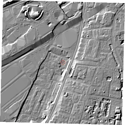 Shaded relief map of the ground around SW84SP, computed from Environment Agency LiDAR. The ground here sits at about 2 m above sea level and falls 9 m across the surrounding 800 m. Surface water reaching this point runs off ground lying to the west, 1.4 m higher.