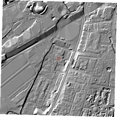 Shaded relief map of the ground around SW84SQ, computed from Environment Agency LiDAR. The ground here sits at about 2 m above sea level and falls 52 m across the surrounding 800 m. Surface water reaching this point runs off ground lying to the north, 0.7 m higher.