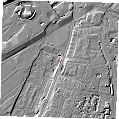 Shaded relief map of the ground around SW84SR, computed from Environment Agency LiDAR. The ground here sits at about 2 m above sea level and falls 9 m across the surrounding 800 m. Surface water reaching this point runs off ground lying to the north-north-west, 8.0 m higher.