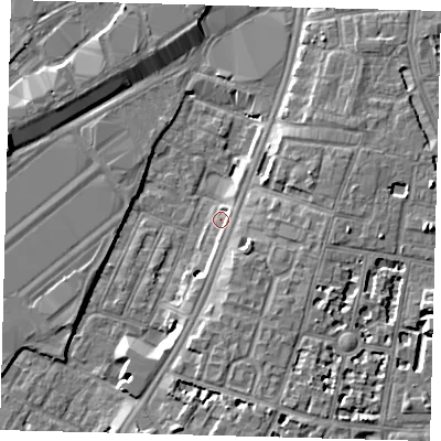 Shaded relief map of the ground around SW84SS, computed from Environment Agency LiDAR. The ground here sits at about 3 m above sea level and falls 8 m across the surrounding 800 m. Surface water reaching this point runs off ground lying to the south-south-east, 3.0 m higher.