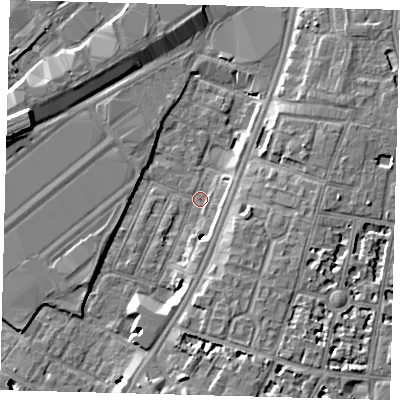 Shaded relief map of the ground around SW84SU, computed from Environment Agency LiDAR. The ground here sits at about 2 m above sea level and falls 8 m across the surrounding 800 m. Surface water reaching this point runs off ground lying to the east, 3.0 m higher.