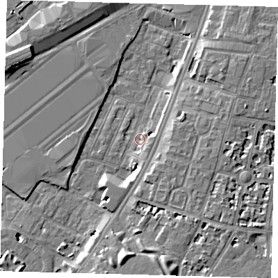 Shaded relief map of the ground around SW84SX, computed from Environment Agency LiDAR. The ground here sits at about 2 m above sea level and falls 9 m across the surrounding 800 m. Surface water reaching this point runs off ground lying to the south-south-east, 8.8 m higher.