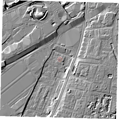 Shaded relief map of the ground around SW84SY, computed from Environment Agency LiDAR. The ground here sits at about 2 m above sea level and falls 52 m across the surrounding 800 m. Surface water reaching this point runs off ground lying to the east-south-east, 1.2 m higher.