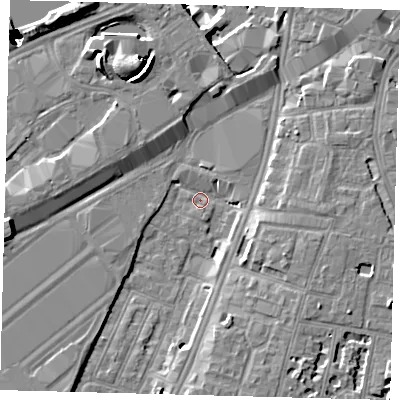 Shaded relief map of the ground around SW84SZ, computed from Environment Agency LiDAR. The ground here sits at about 2 m above sea level and falls 52 m across the surrounding 800 m. Surface water reaching this point runs off ground lying to the south-south-east, 1.2 m higher.