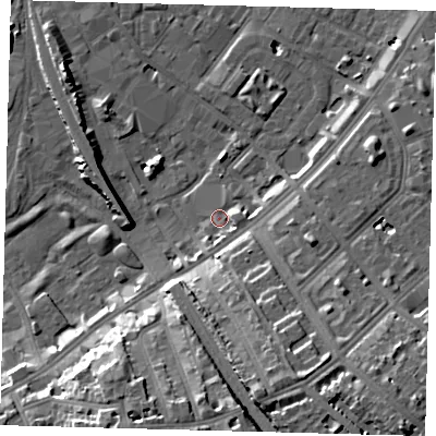 Shaded relief map of the ground around SW84TE, computed from Environment Agency LiDAR. The ground here sits at about 3 m above sea level and falls 18 m across the surrounding 800 m. Surface water reaching this point runs off ground lying to the east, 3.1 m higher.