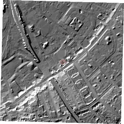 Shaded relief map of the ground around SW84TJ, computed from Environment Agency LiDAR. The ground here sits at about 3 m above sea level and falls 18 m across the surrounding 800 m. Surface water reaching this point runs off ground lying to the south-south-east, 3.0 m higher.
