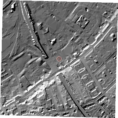 Shaded relief map of the ground around SW84TL, computed from Environment Agency LiDAR. The ground here sits at about 2 m above sea level and falls 18 m across the surrounding 800 m. Surface water reaching this point runs off ground lying to the south-south-east, 16.1 m higher.