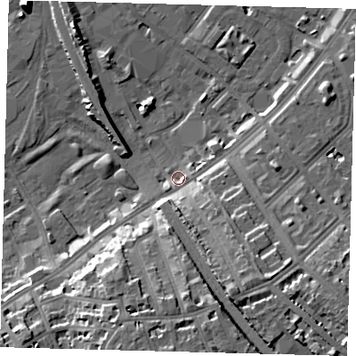 Shaded relief map of the ground around SW84TN, computed from Environment Agency LiDAR. The ground here sits at about 3 m above sea level and falls 18 m across the surrounding 800 m. Surface water reaching this point runs off ground lying to the south-south-east, 14.0 m higher.