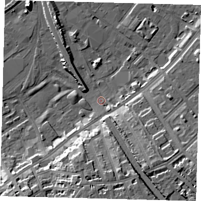 Shaded relief map of the ground around SW84TP, computed from Environment Agency LiDAR. The ground here sits at about 2 m above sea level and falls 18 m across the surrounding 800 m. Surface water reaching this point runs off ground lying to the south-south-east, 15.9 m higher.