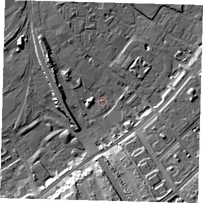 Shaded relief map of the ground around SW84TR, computed from Environment Agency LiDAR. The ground here sits at about 2 m above sea level and falls 16 m across the surrounding 800 m. Surface water reaching this point runs off ground lying to the south-south-east, 15.8 m higher.
