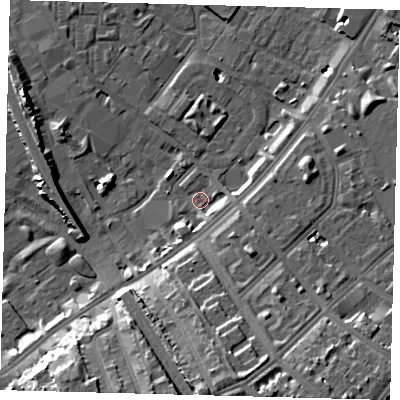 Shaded relief map of the ground around SW84TT, computed from Environment Agency LiDAR. The ground here sits at about 3 m above sea level and falls 17 m across the surrounding 800 m. Surface water reaching this point runs off ground lying to the south-east, 7.4 m higher.