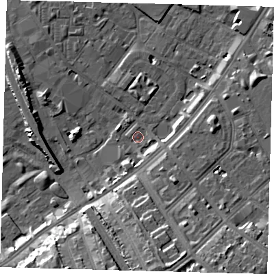 Shaded relief map of the ground around SW84UB, computed from Environment Agency LiDAR. The ground here sits at about 3 m above sea level and falls 16 m across the surrounding 800 m. Surface water reaching this point runs off ground lying to the south-east, 7.5 m higher.